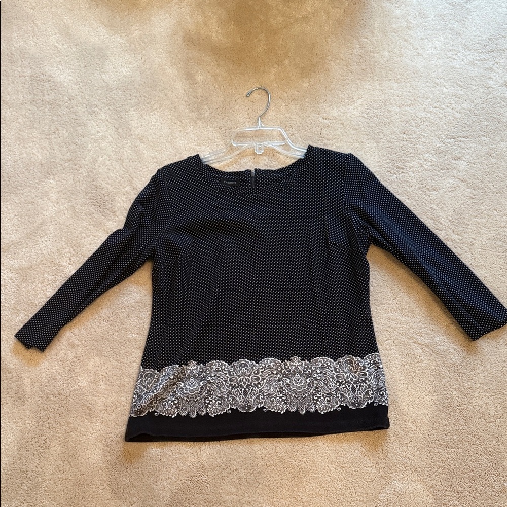 Talbots Black and White Blouse with Lace Print Detail Size Small